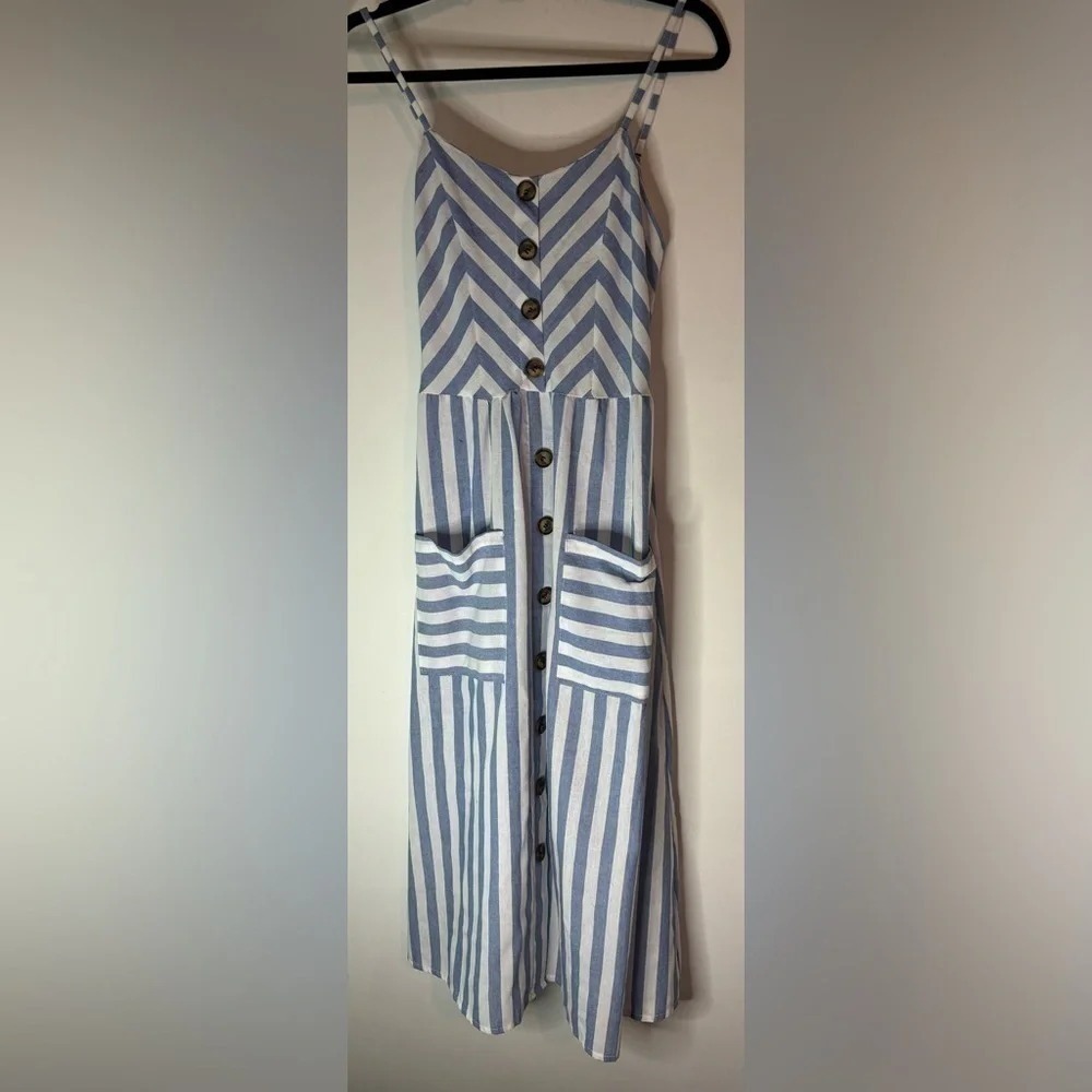 msquared‎ Womens Stripe Adjustable Spaghetti Strap Faux Button Midi Sz Medium